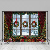 Aperturee - Aperturee Christmas Window Photography Backdrop Snowy View with Wreaths and Red Curtains Holiday Mini Session Background